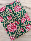 Green Floral Cotton Fabric by Yard, Pink Rose Hand Block Print Fabric, Indian Cotton Material for Dressmaking, Quilting & Home Decor Napkins