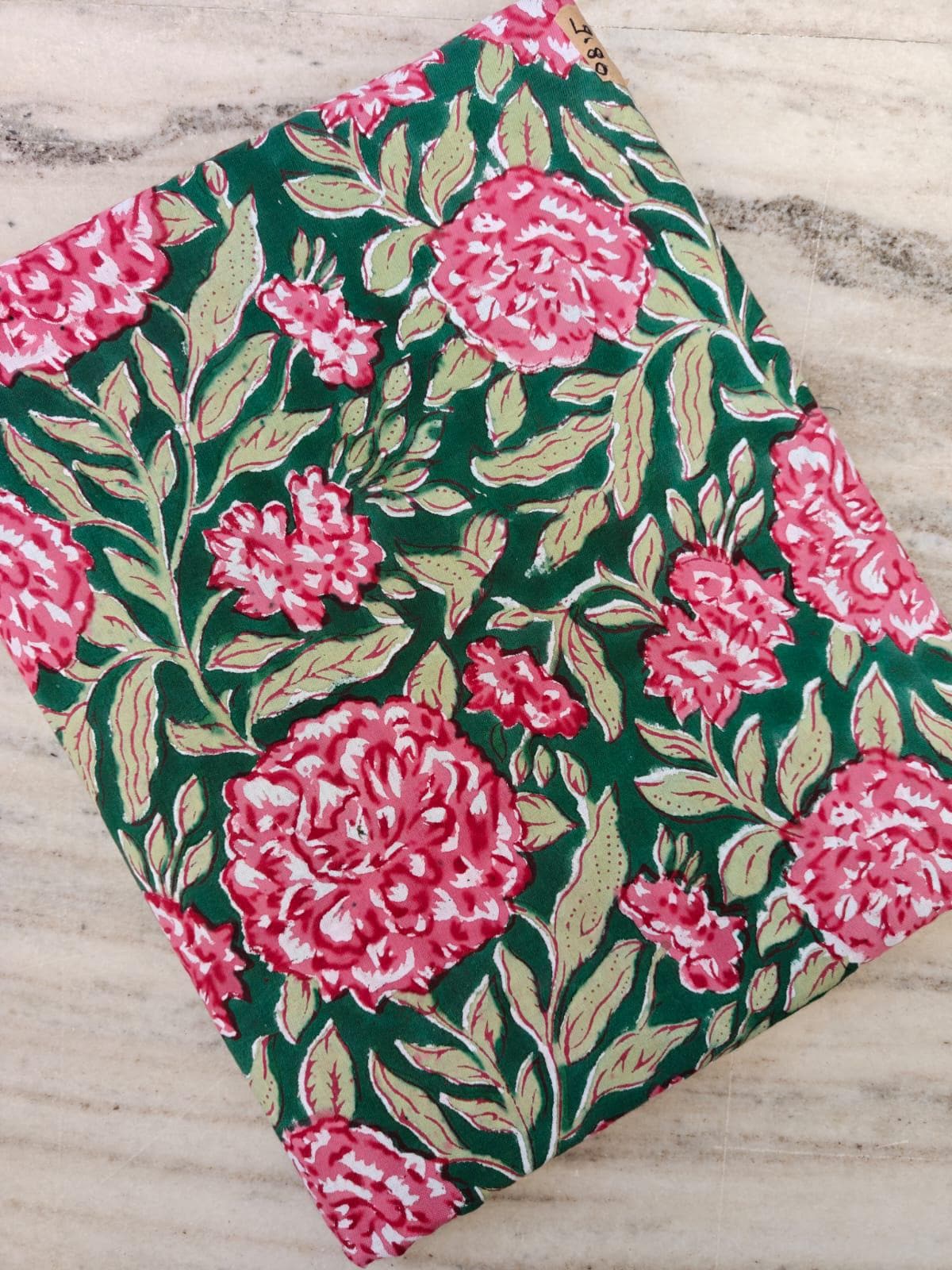 Green Floral Cotton Fabric by Yard, Pink Rose Hand Block Print Fabric, Indian Cotton Material for Dressmaking, Quilting & Home Decor Napkins