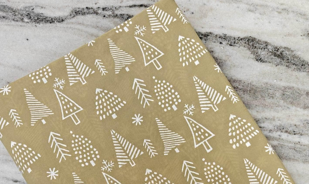 Christmas Cotton Fabric with White Tree Print, Holiday Block Print Fabric by the Yard, Quilting, Sewing, Festive Crafts & Home Decor