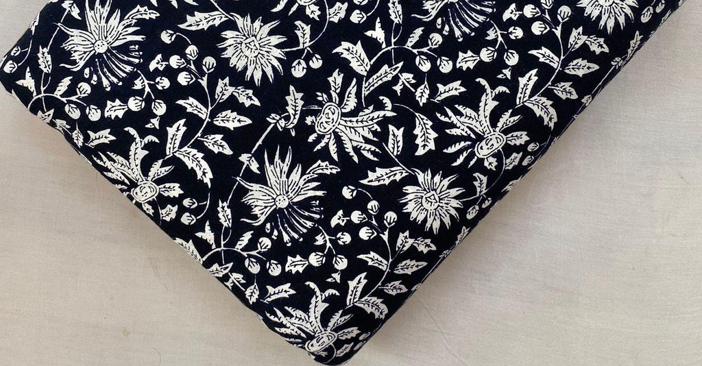 Black Soft Cotton, 100% Cotton Indian White Hand Block Print Fabric by the Yard, Fabric for Loose Running, Dress Making, Textile Fabric