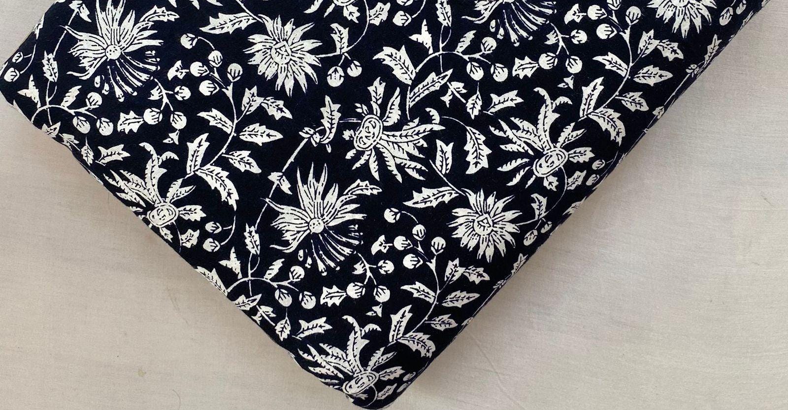 Black Soft Cotton, 100% Cotton Indian White Hand Block Print Fabric by the Yard, Fabric for Loose Running, Dress Making, Textile Fabric