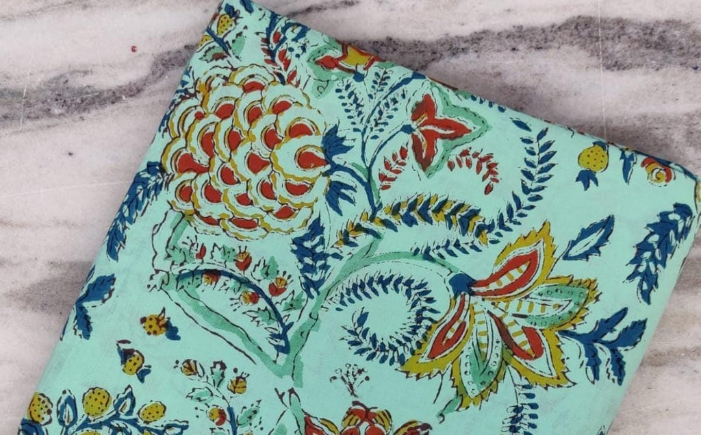 Green Indian Hand Block Print Fabric, 100% Cotton Quilting Fabric By The Yard, Dressmaking Fabric, Loose Running Fabric, Napkin Fabric