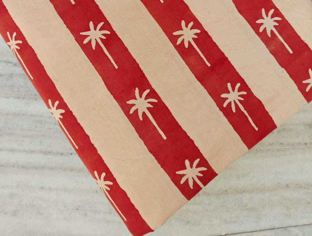 Red Floral Cotton Fabric, Red Green Hand Block Print Fabric By The Yard, Indian Soft Cotton for Quilting, Dressmaking, Loose Running Fabric