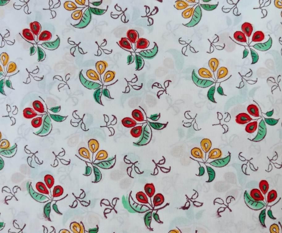 Floral Buti Hand Block Print Cotton Fabric, Indian Jaipur Cotton Textile, Red Yellow Green Floral Fabric, Sewing Quilting Craft Fabric