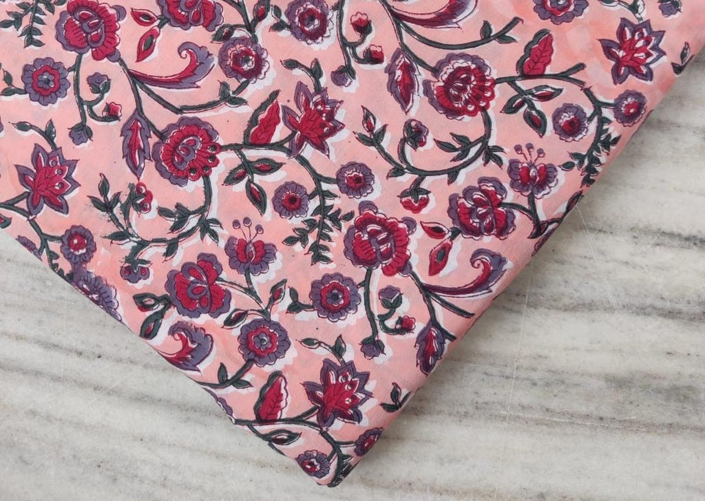Peach Indian Hand Block Print Fabric, 100% Cotton Quilting Fabric By The Yard, Fabric For Dress Making, Loose Running Fabric, Napkin Fabric