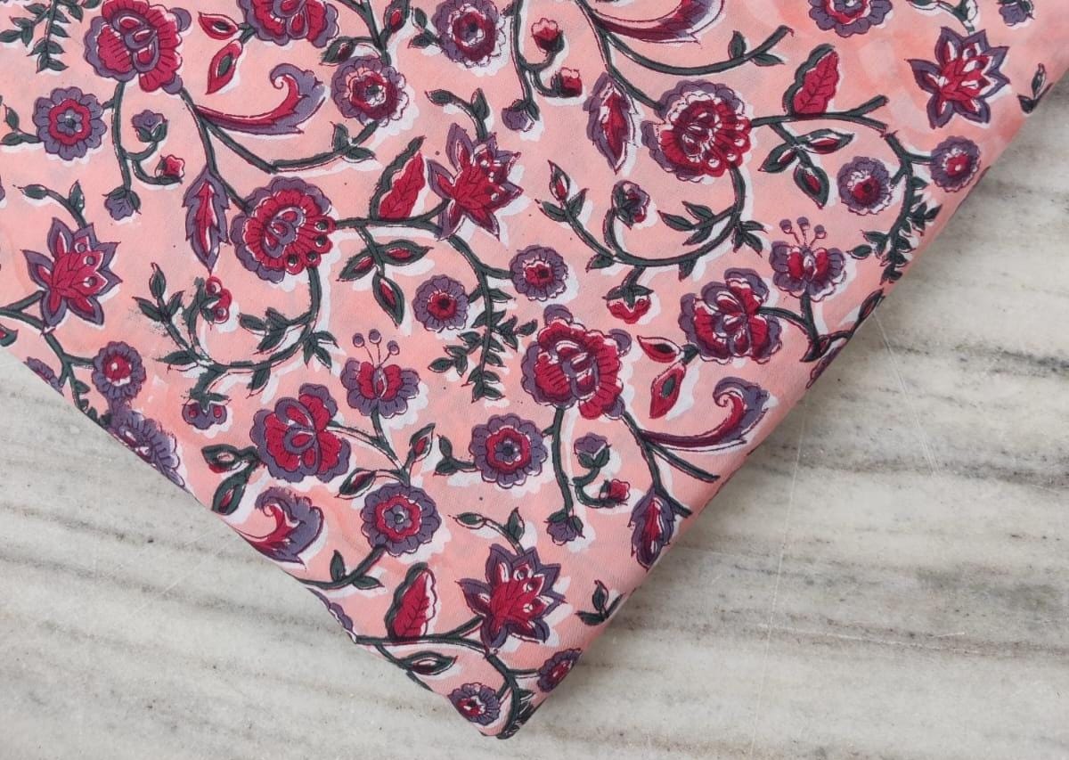 Peach Indian Hand Block Print Fabric, 100% Cotton Quilting Fabric By The Yard, Fabric For Dress Making, Loose Running Fabric, Napkin Fabric