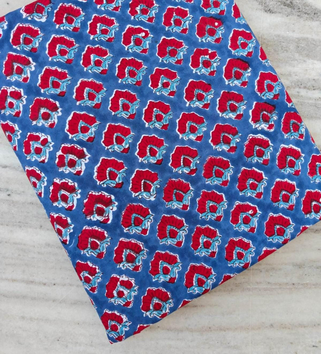 Blue Red Floral Cotton Fabric by Yard, Indian Block Print Cotton Fabric, Boho Floral Fabric, Quilting Sewing Fabric Dressmaking Craft Cotton