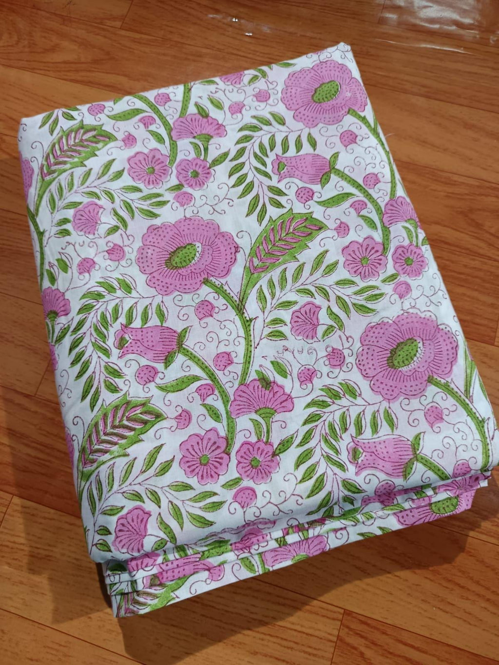 Pink Green Floral Cotton Fabric by the Yard, Hand Block Print Fabric, Indian Soft Cotton Material for Quilting, Sewing, Dressmaking & Crafts