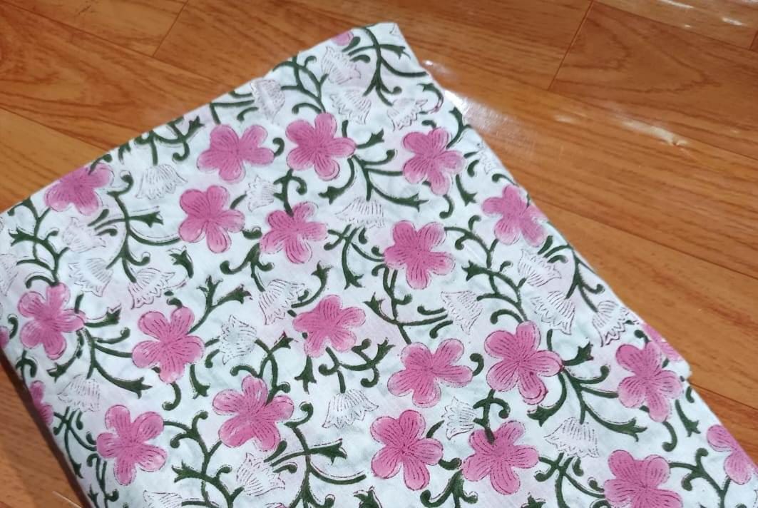 Pink Indian Hand Block Print Fabric, 100% Cotton Quilting Fabric By The Yard, Fabric For Dress Making, Loose Running Fabric, Napkin Fabric