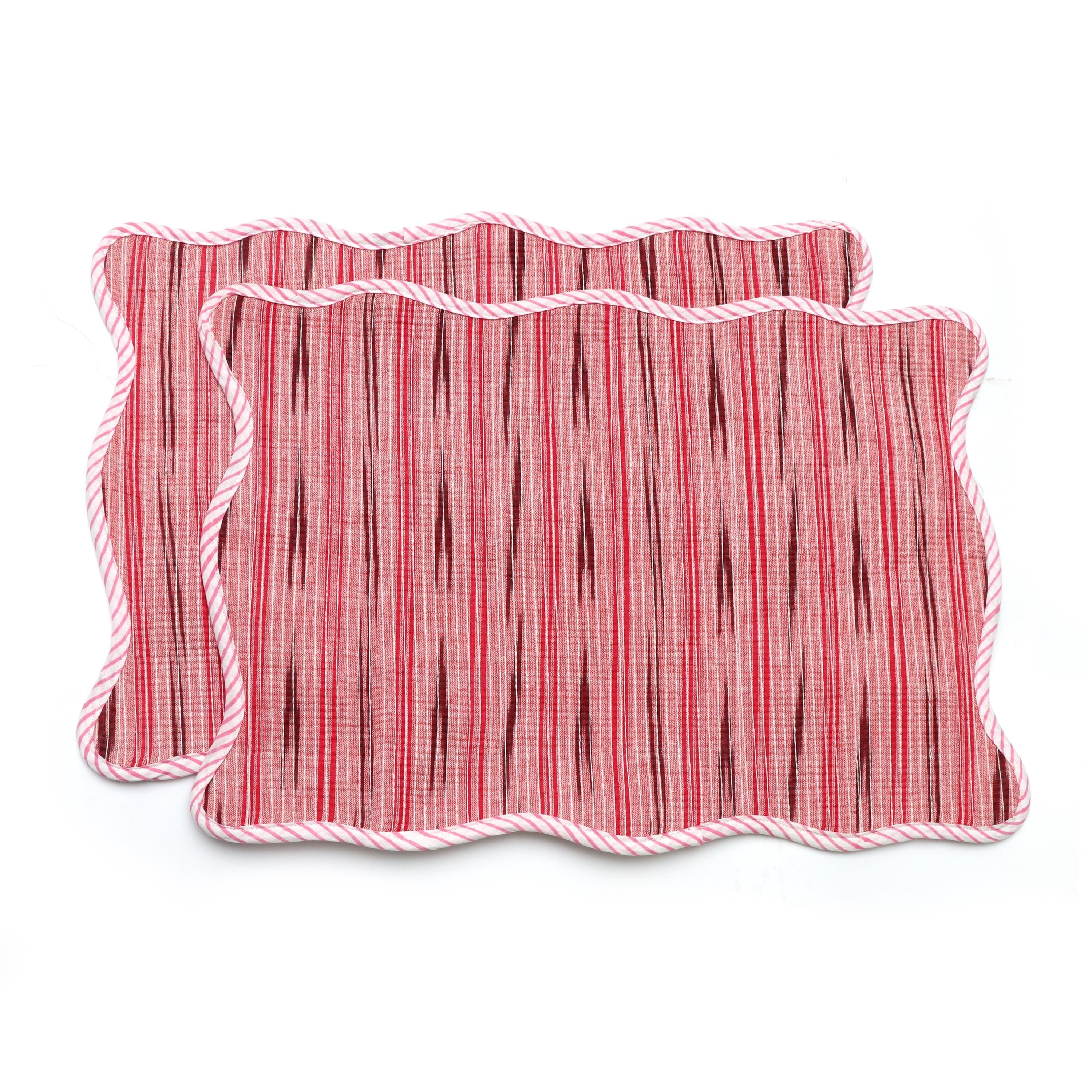 Pink Floral Block Print Table Mats, Handmade Quilted Scalloped Placemats, Reversible Cotton Dining Placemats Kitchen & Table Decor Placemats