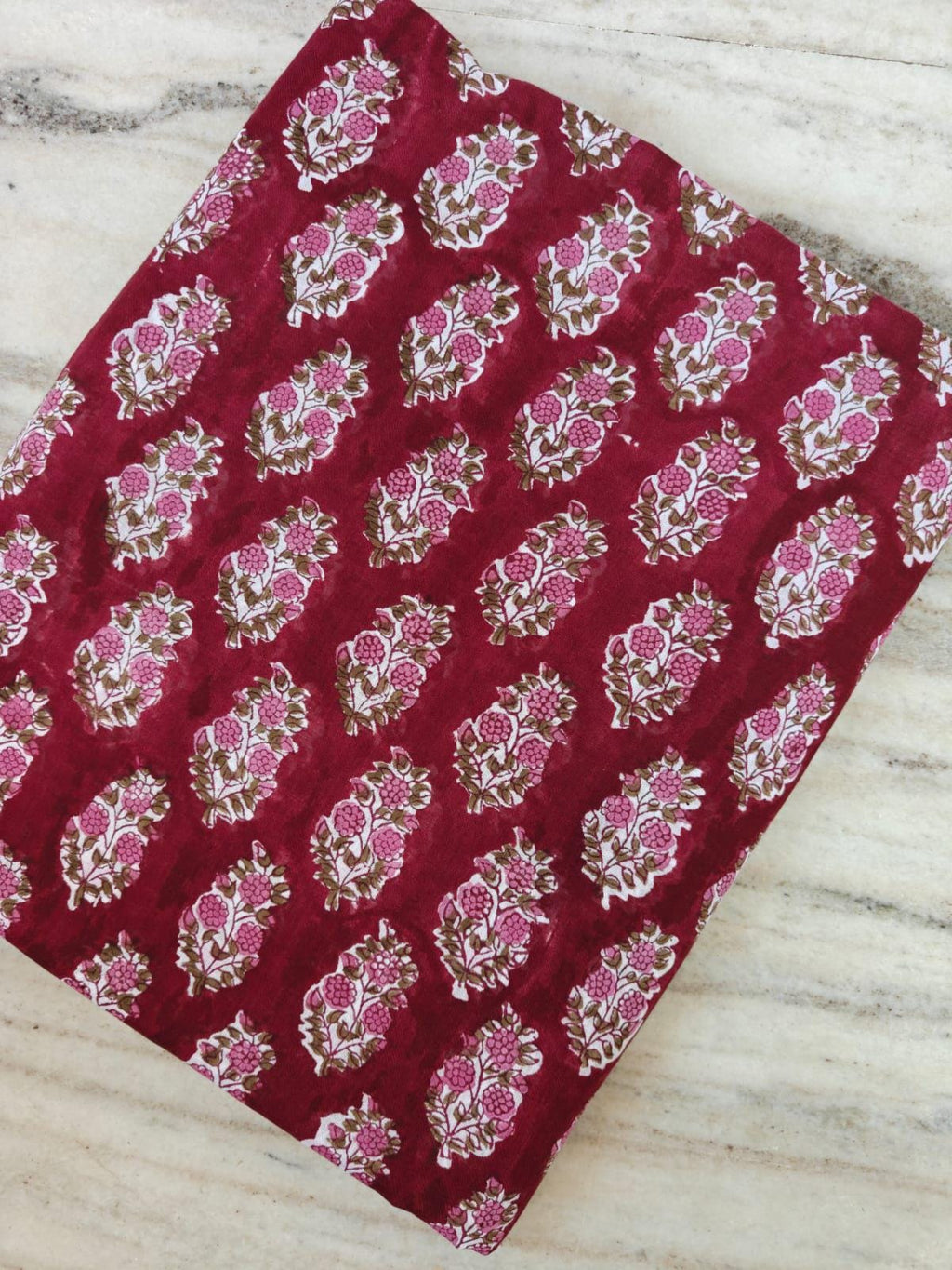 Hand Block Print Cotton Fabric, Red Booti Floral Indian Fabric by the Yard, Pink Buta Print Textile for Sewing, Quilting, Dressmaking Napkin