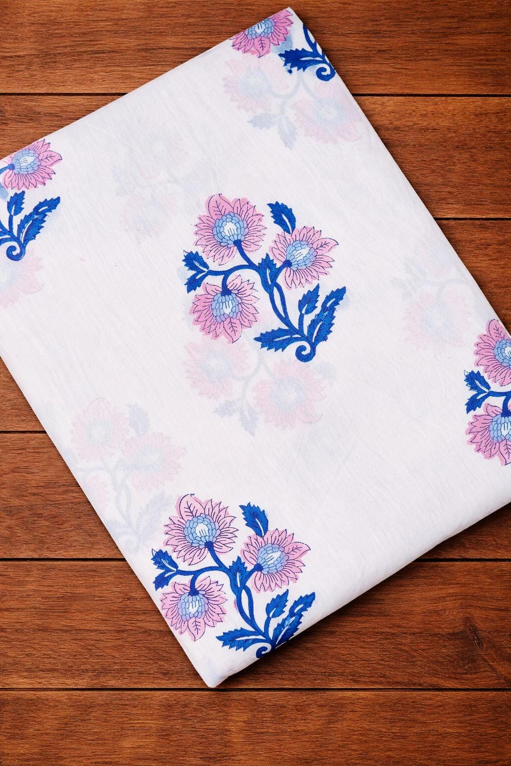 White Floral Cotton Fabric | Blue Pink Hand Block Print Fabric | Indian Floral Cotton Cloth for Sewing, Dressmaking | Loose Running Fabric