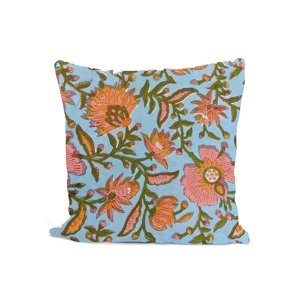 Pink and Orange Floral Cotton Cushion Cover, Hand Block Print Pillow Case, Decorative Throw Pillow, Boho Sofa Decor, Christmas Pillowcases