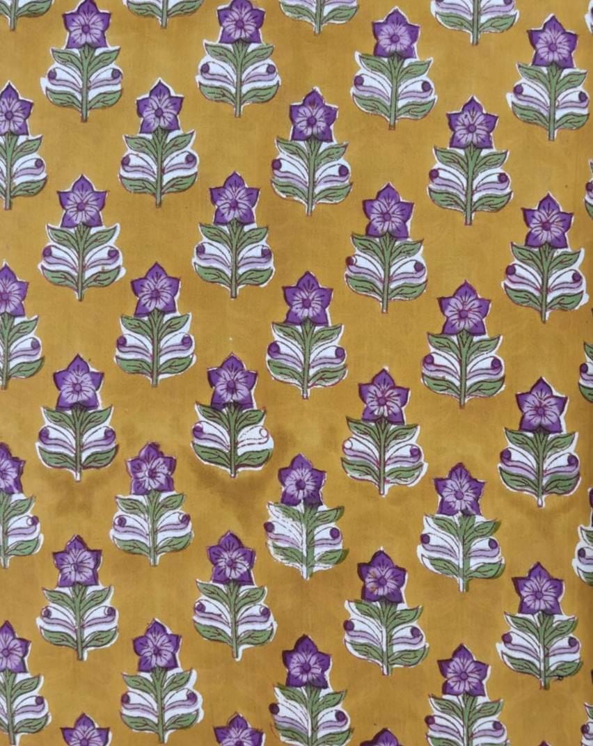 Mustard Yellow Floral Cotton Fabric, Purple Flower Block Print Fabric, Indian Cotton Fabric by the Yard, Lightweight Sewing Quilting Fabric
