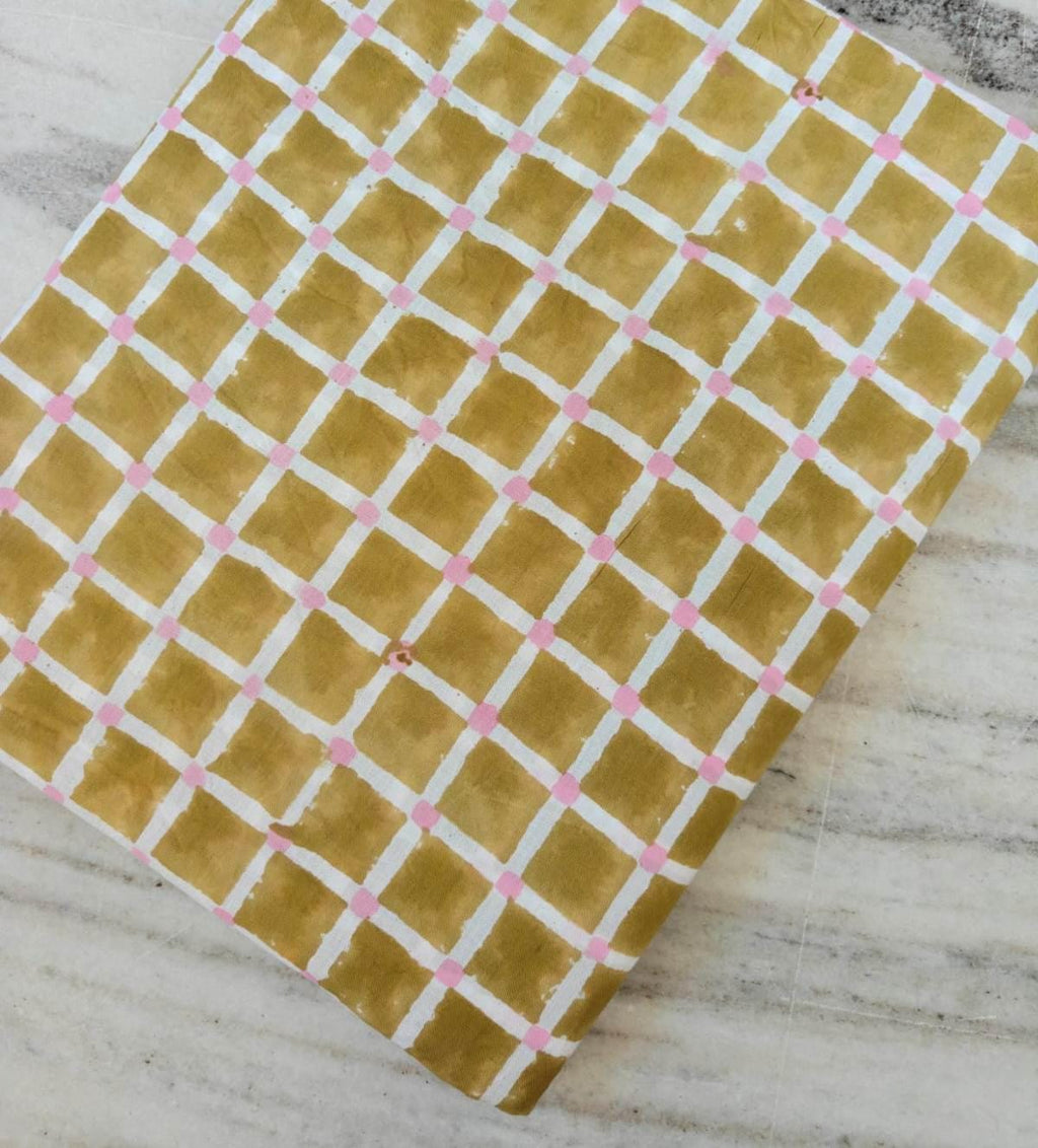 Mustard Yellow Cotton Fabric with White Grid and Pink Dots, Hand Block Print Cotton Material, Quilting Dressmaking Home Decor Fabric