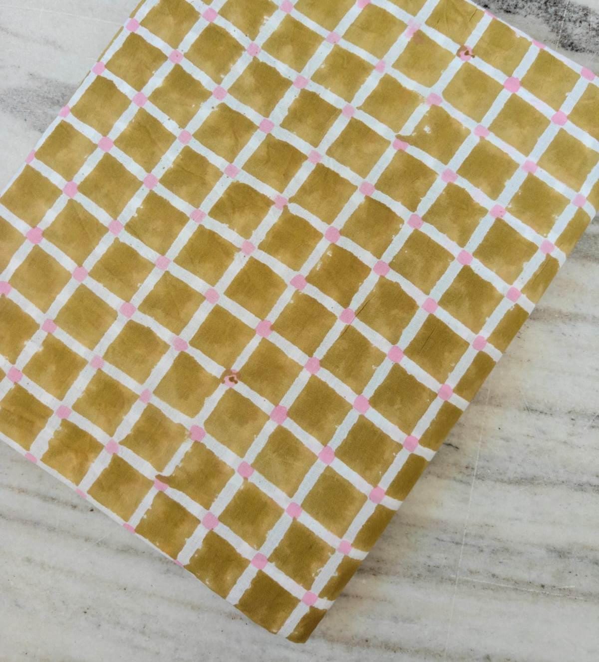 Mustard Yellow Cotton Fabric with White Grid and Pink Dots, Hand Block Print Cotton Material, Quilting Dressmaking Home Decor Fabric