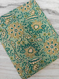 Teal Green Floral Cotton Fabric, Indian Hand Block Print Quilting Fabric By The Yard, Large Botanical Print, Dressmaking Quilting, Napkins