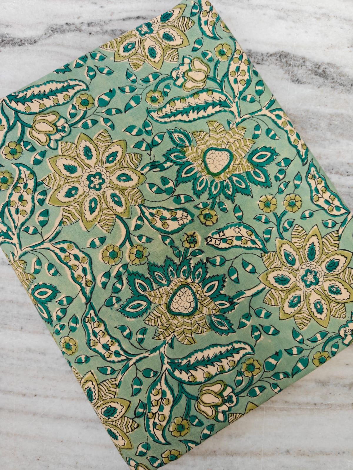 Teal Green Floral Cotton Fabric, Indian Hand Block Print Quilting Fabric By The Yard, Large Botanical Print, Dressmaking Quilting, Napkins