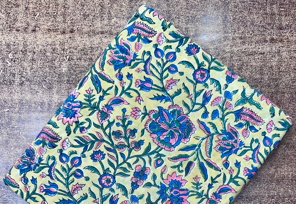 Green Floral Cotton Fabric by Yard, Indian Hand Block Print Cloth, Soft Cotton Sewing Quilting Dressmaking Fabric, Loose Running Fabric