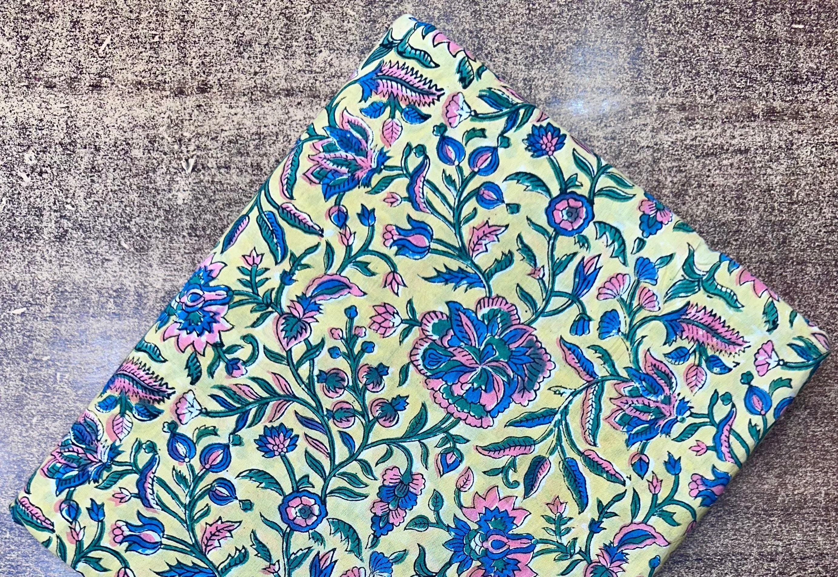 Green Floral Cotton Fabric by Yard, Indian Hand Block Print Cloth, Soft Cotton Sewing Quilting Dressmaking Fabric, Loose Running Fabric