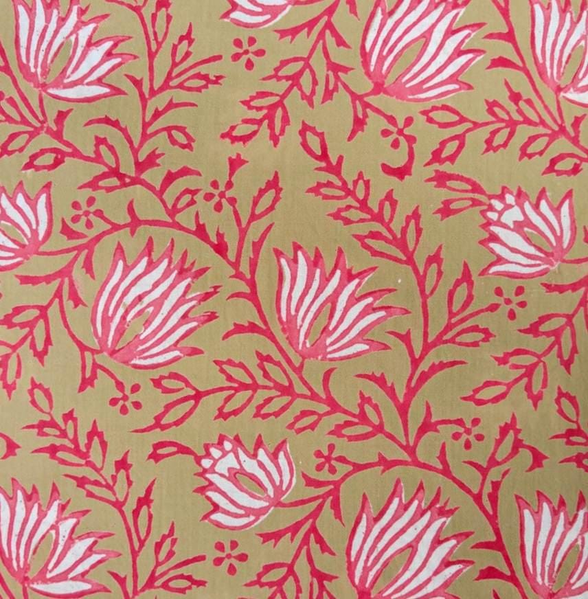 Pink Floral Cotton Fabric, Hand Block Print Fabric, Indian Cotton By The Yard, Flower Fabric Napkins, Soft Cotton Dressmaking Loose Fabric