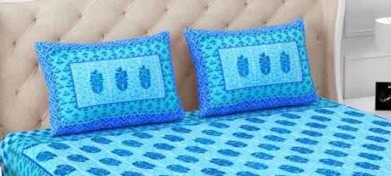 Blue Turquoise Hand Block Print Cotton Bedsheet with Pillow Covers, Queen Size Bedding Set, Floral Indian Bedspread, Soft Breathable Sheet