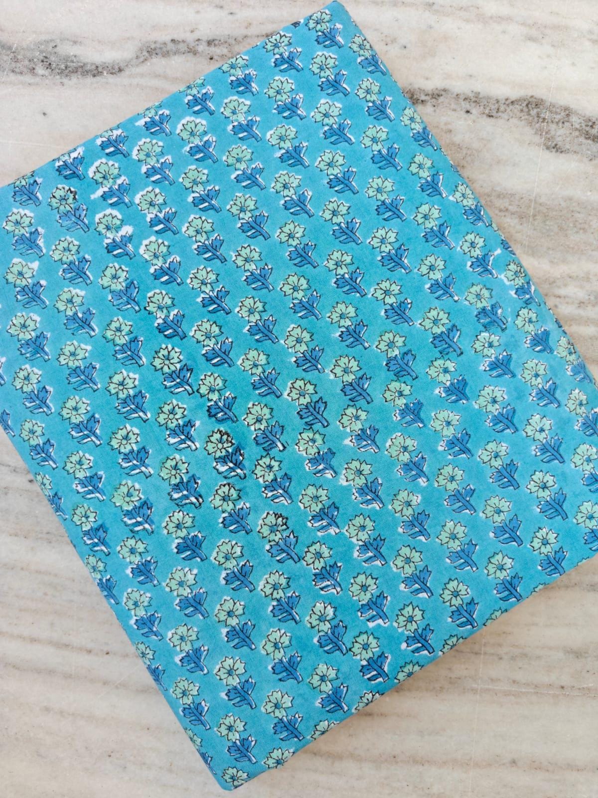 Turquoise Floral Cotton Fabric, Hand Block Print Fabric, Blue Flower Indian Cotton, Craft Sewing, Quilting Fabric, Soft Lightweight Textile