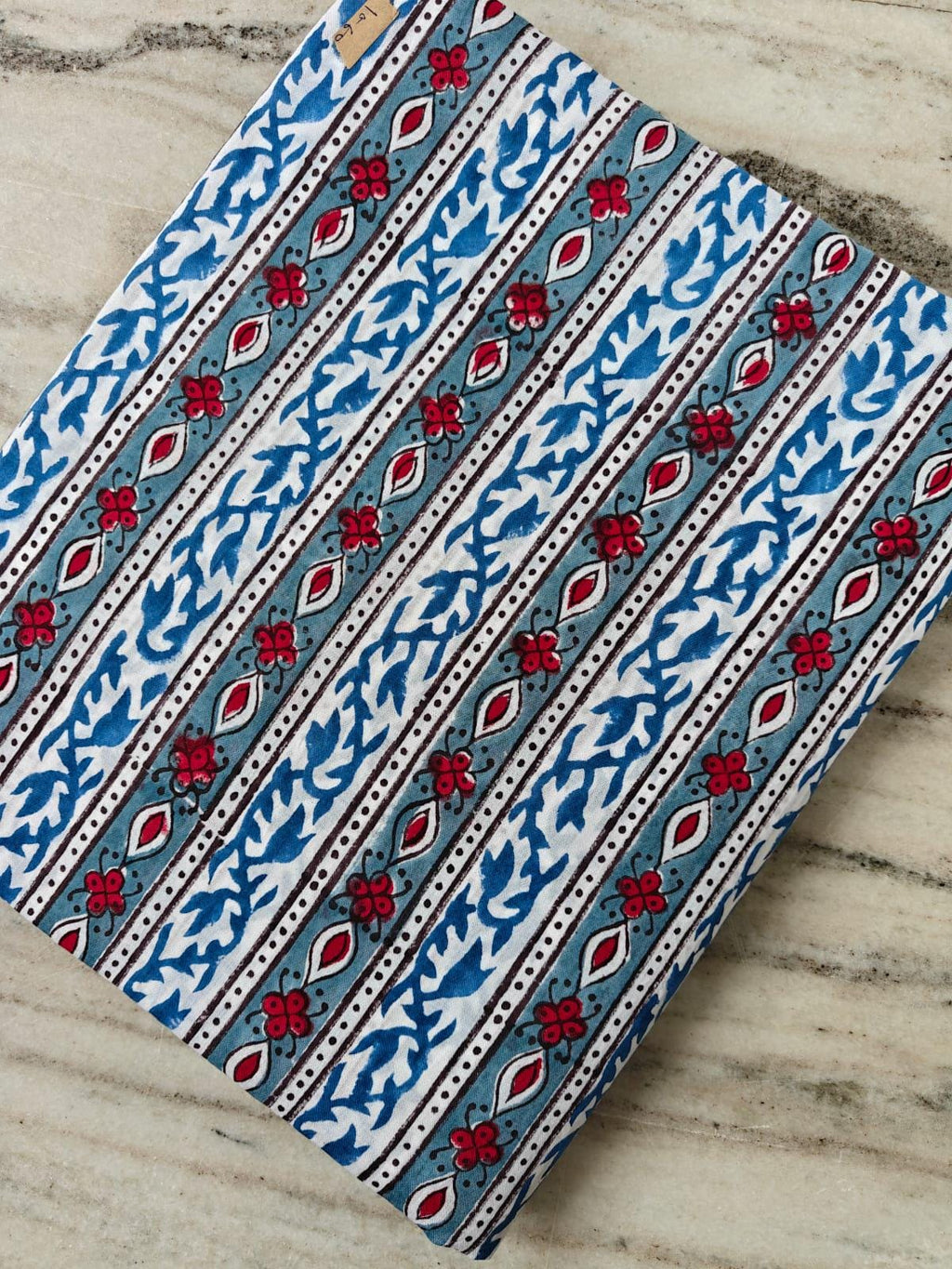 Striped Cotton Fabric, Red Floral Blue Leaf Hand Block Print, Indian Cotton Fabric by the Yard for Quilting, Sewing, Dressmaking, Home Decor