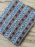 Striped Cotton Fabric, Red Floral Blue Leaf Hand Block Print, Indian Cotton Fabric by the Yard for Quilting, Sewing, Dressmaking, Home Decor