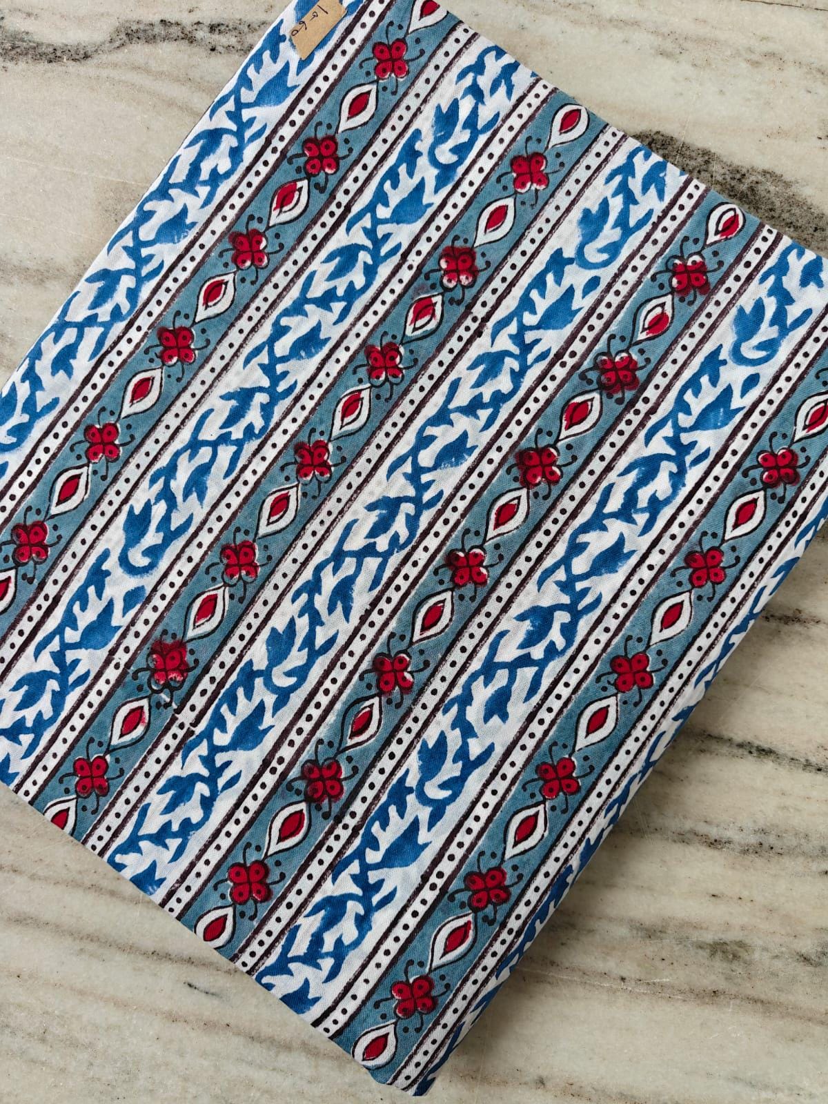 Striped Cotton Fabric, Red Floral Blue Leaf Hand Block Print, Indian Cotton Fabric by the Yard for Quilting, Sewing, Dressmaking, Home Decor