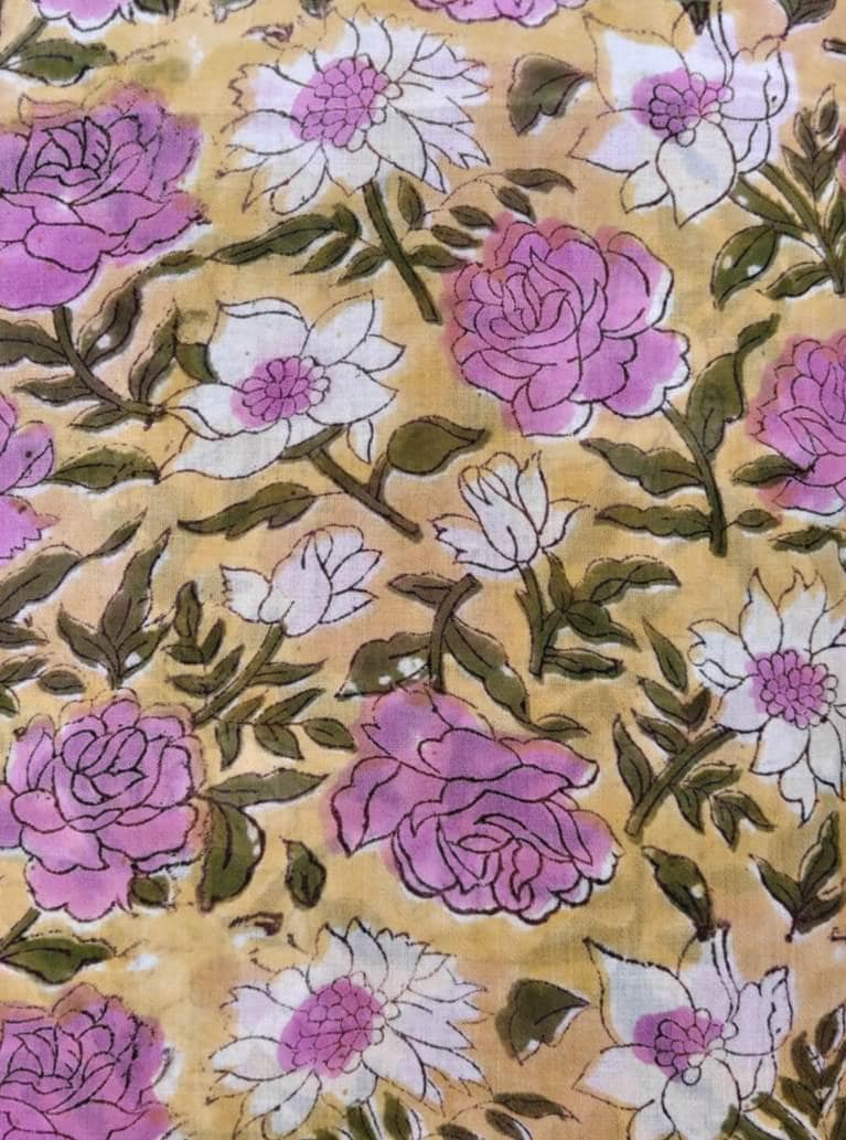 New Arrival Floral Cotton Fabric, Yellow Pink Flower Print Fabric, Indian Hand Block Print Cotton, Soft Dressmaking Fabric, Quilting Fabric