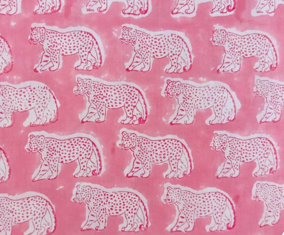 Pink Leopard Print Cotton Fabric by Yard, Hand Block Print Fabric, Animal Pattern Cotton Material, Sewing Craft Fabric, Baby Nursery Textile