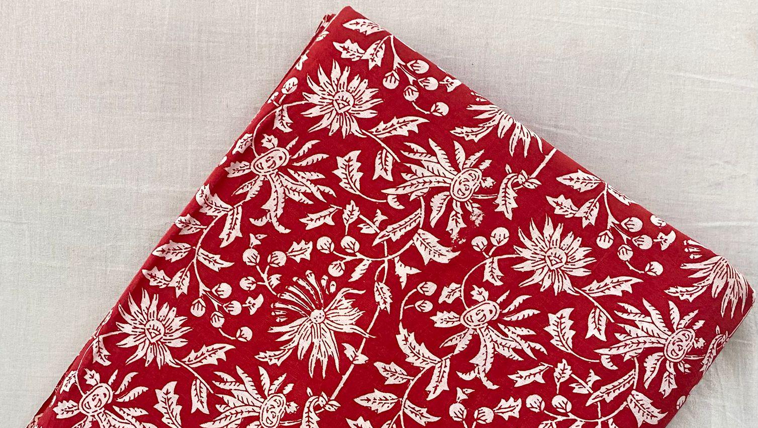 Red Beautiful Designer Hand Block Print Fabric, 100% Cotton Quilting Fabric By The Yard, Dressmaking Fabric, Loose Running Fabric