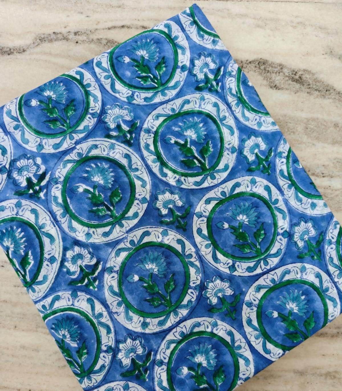 Blue Floral Cotton Fabric, Hand Block Print Fabric, Indian Cotton Textile, Boho Fabric by Yard Blue Green Flower Pattern Craft Sewing Fabric