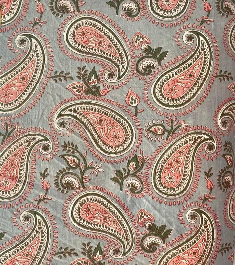Hand Block Print Cotton Fabric: Green Floral Paisley Quilting Fabric