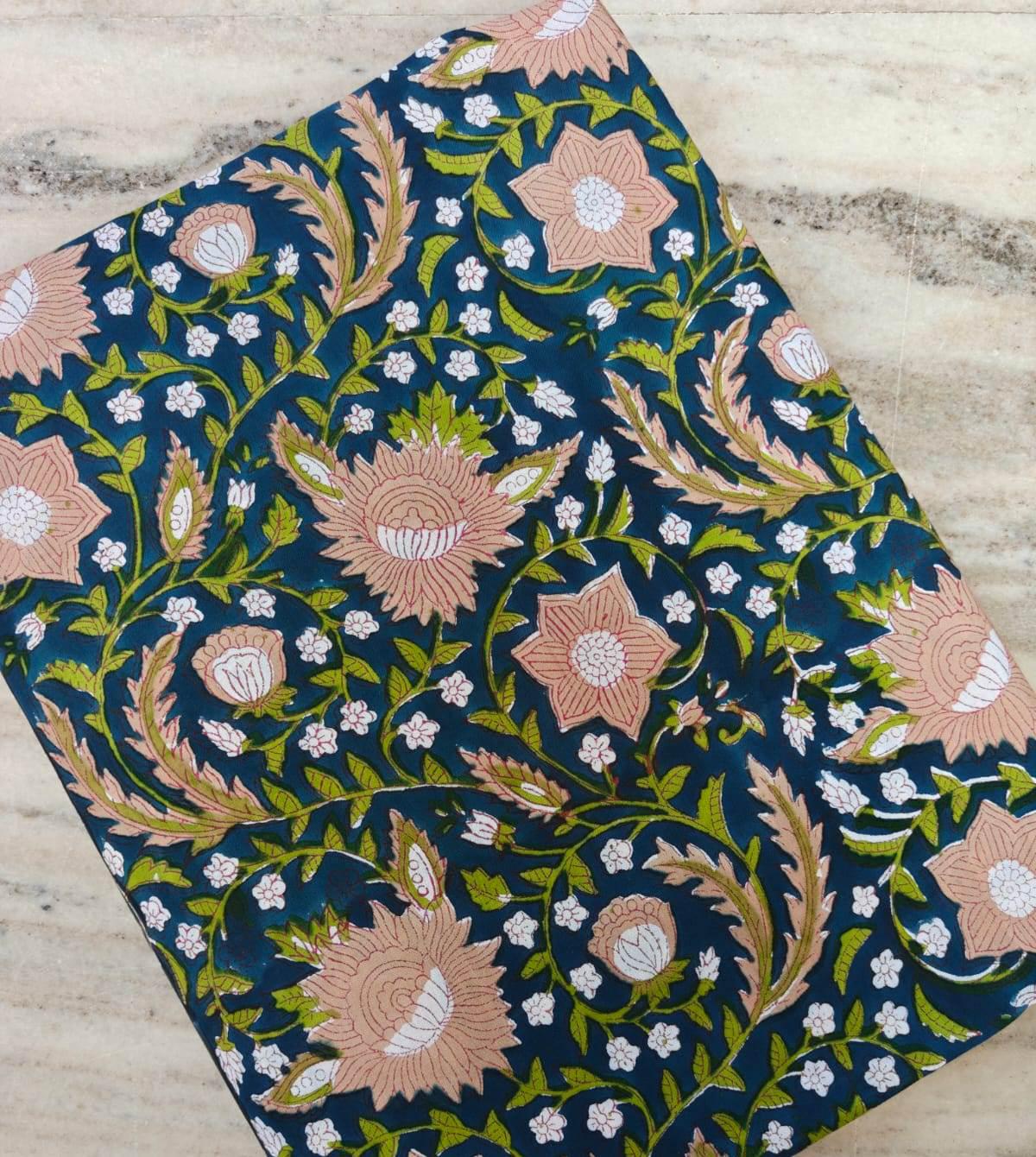 Navy Blue Floral Cotton Fabric, Traditional Indian Block Print Fabric by the Yard, Peach Flower Vine Print, Quilting Sewing Fabric, Napkins