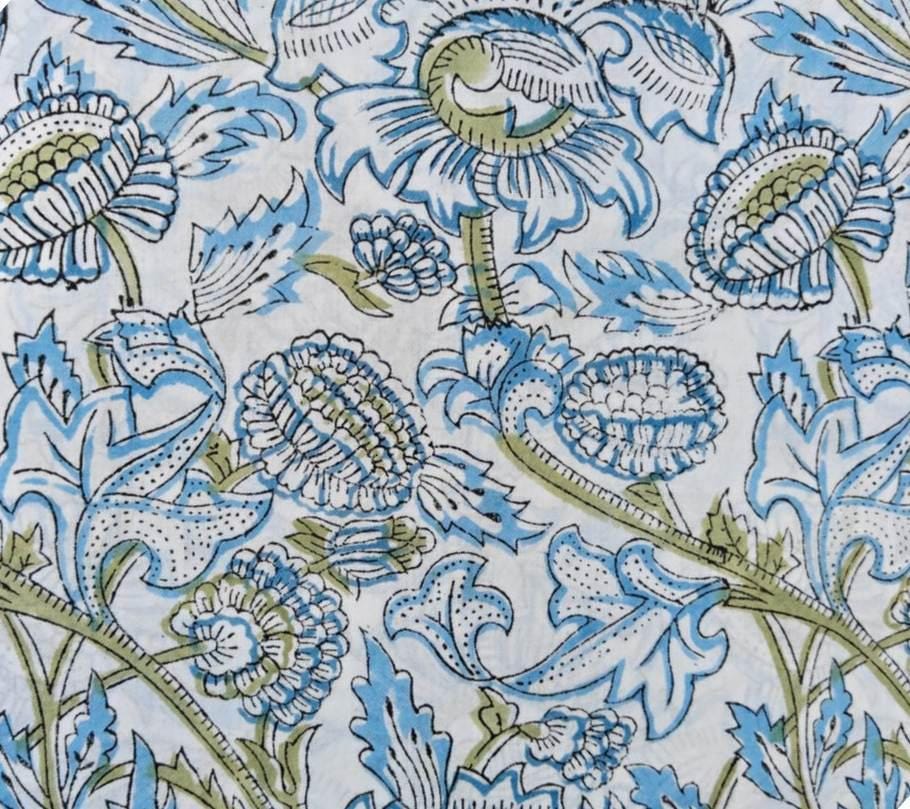 White Cotton Fabric with Blue & Green Floral Print, Hand Block Print Cotton by the Yard, Soft Indian Fabric for Quilting, Sewing Dressmaking