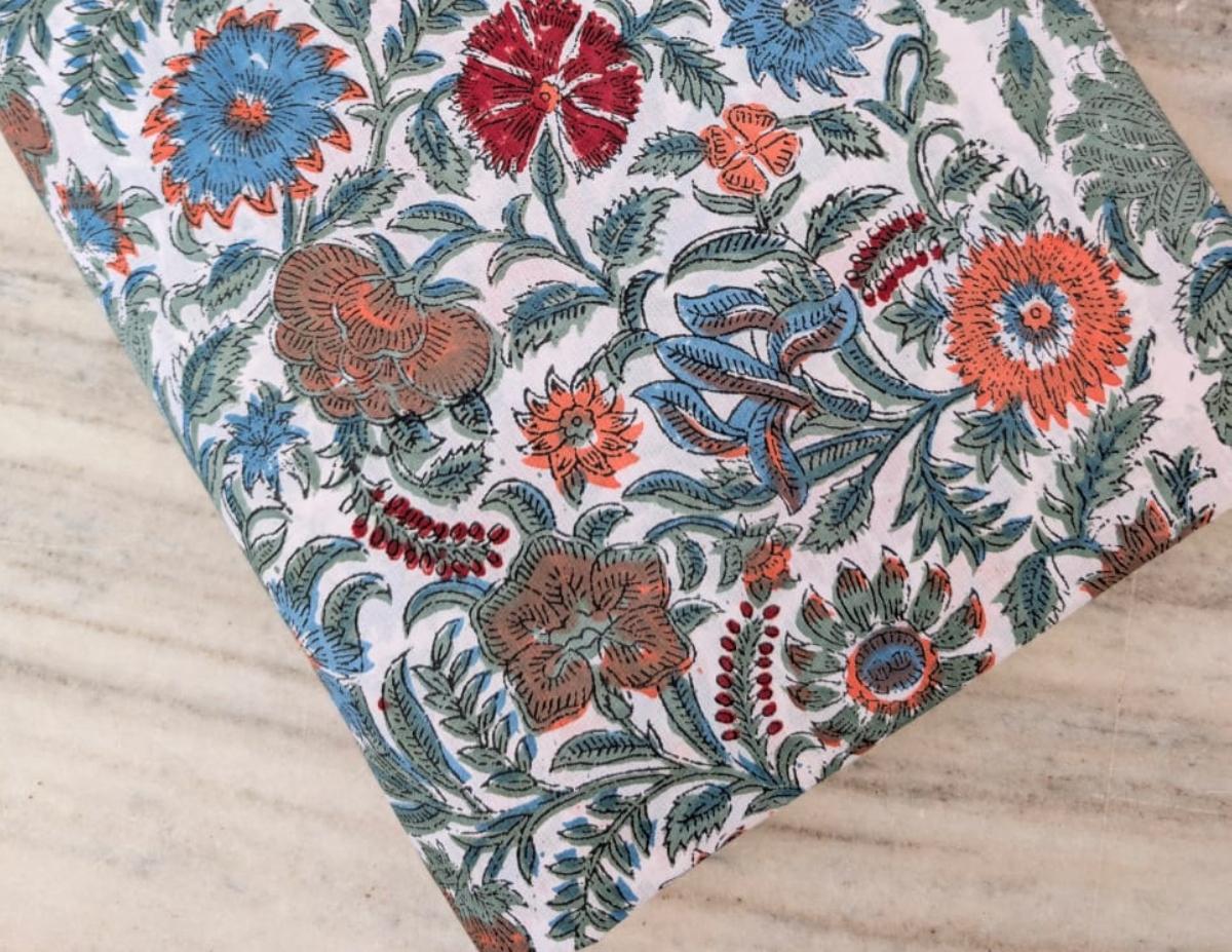 Multi Color Desinger Quilted Fabric, Hand Block Print Fabric, Floral 100% Cotton Fabric By The Yard, Fabric for Dress Making, Sewing Fabric