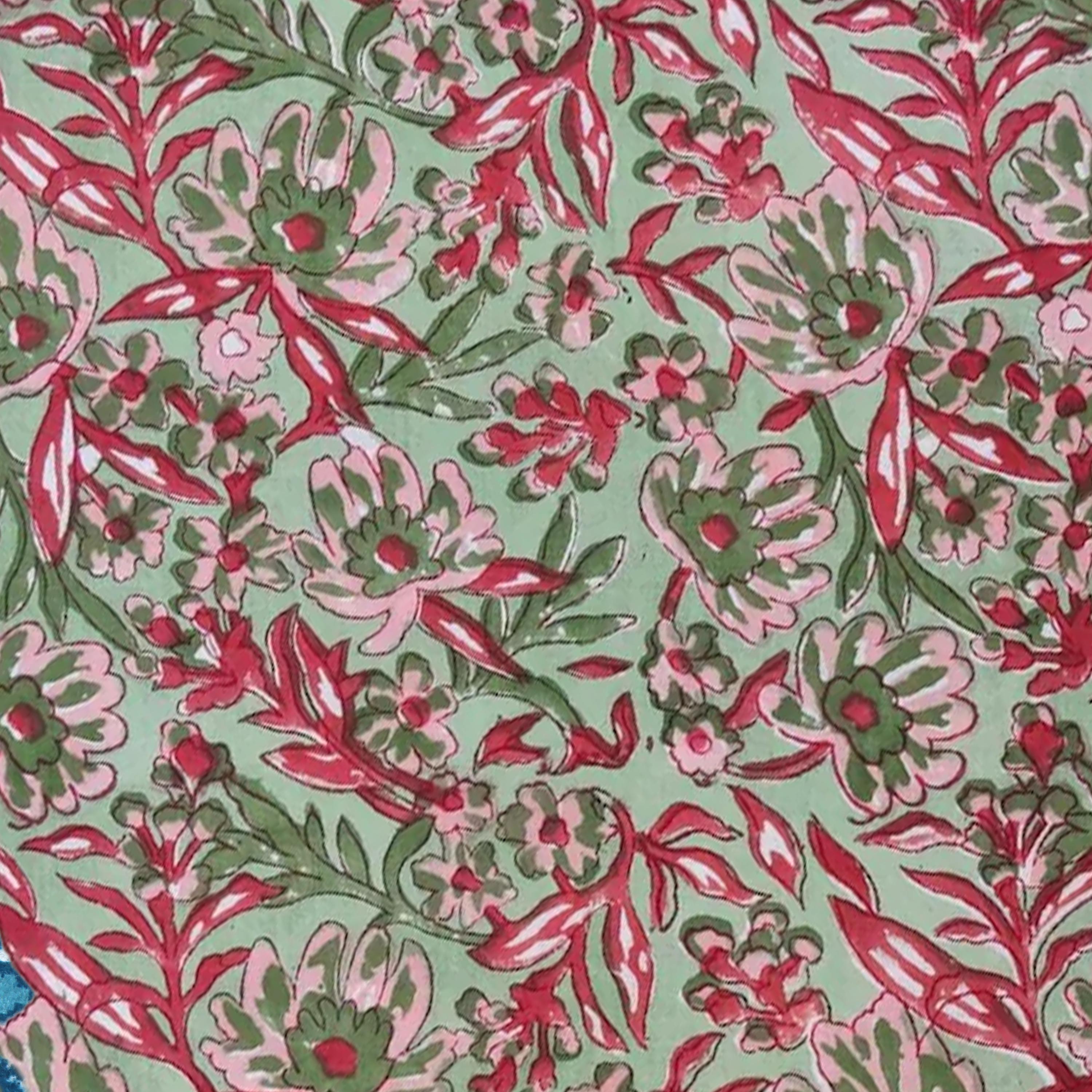 Green Floral Cotton Cushion Cover, Red Pink Botanical Pillow Case, Block Print Style Throw Pillow, Cottagecore Farmhouse Home Decor