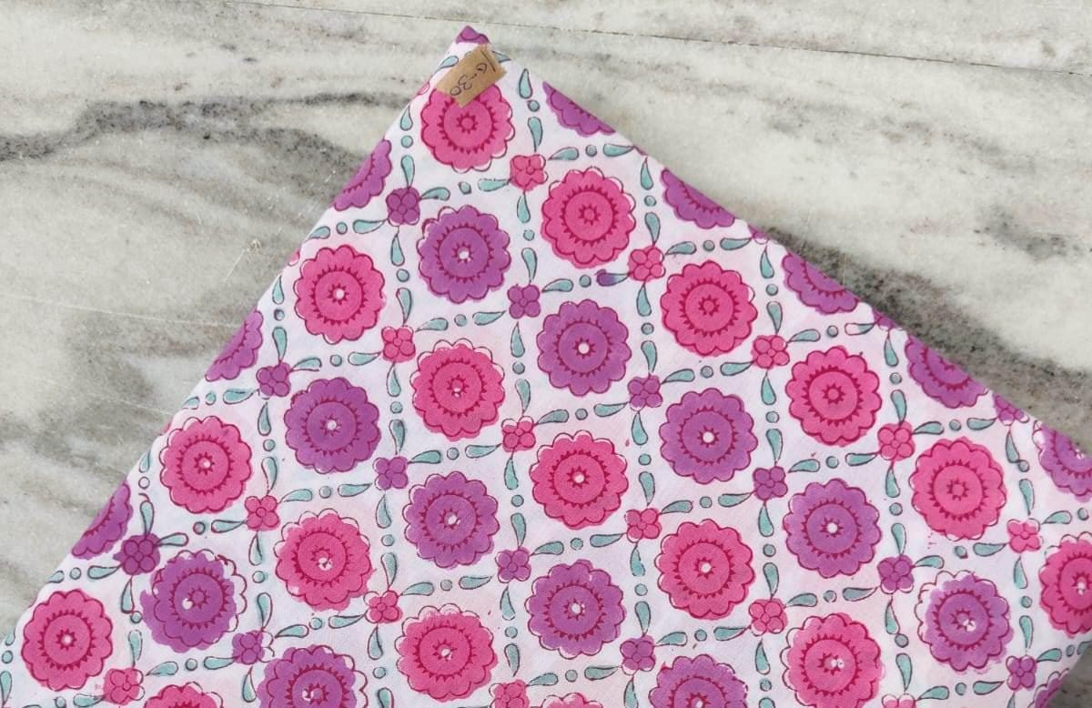Pink Floral Cotton Fabric, Red Orange Hand Block Print by the Yard, Indian Soft Cotton for Quilting, Dressmaking, Sewing & Crafts, Gifts