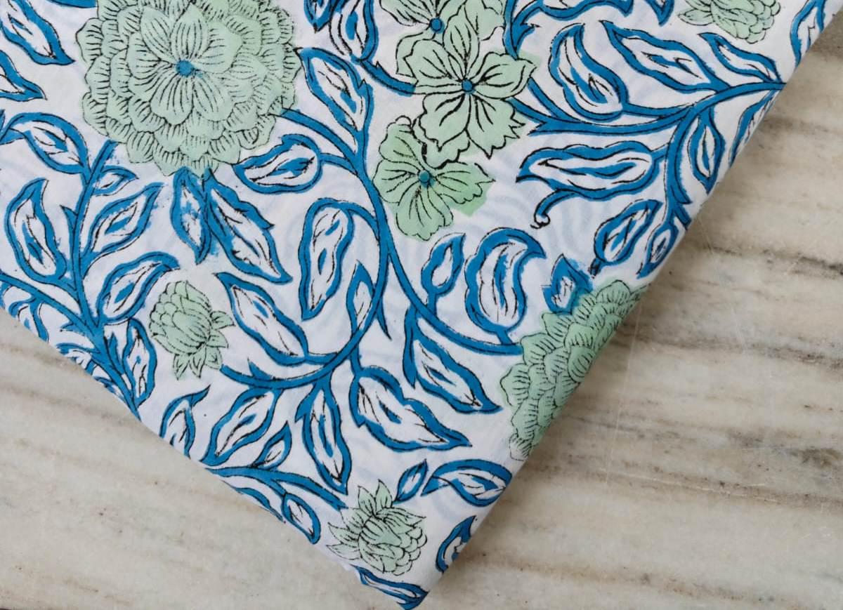 White Cotton Fabric with Blue & Green Floral Print, Hand Block Print Fabric by the Yard, Indian Cotton For Dressmaking, Loose Running Fabric