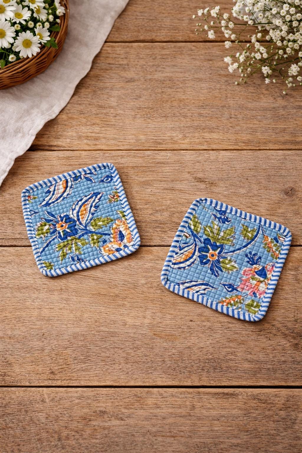 Floral Cotton Tea Coaster Set, Hand Block Print Blue Coasters, Quilted Fabric Drink Coasters, Reusable Table Decor, Housewarming Gift