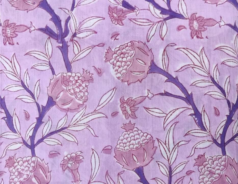 Lavender Pomegranate Cotton Fabric, Hand Block Printed Indian Fabric by Yard, Soft Quilting & Dressmaking Fabric, Textile Fabric Loose