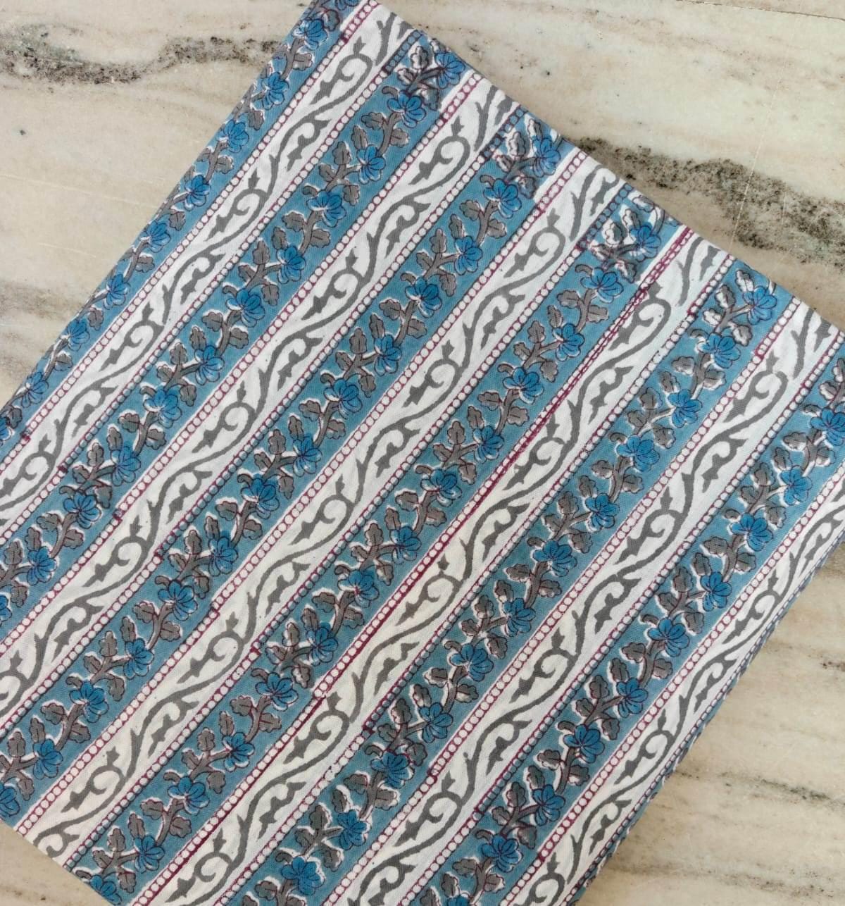 Blue Floral Stripe Cotton Fabric – Indian Block Print Style – Teal & Grey Vine Print – Quilting, Dressmaking  Craft Fabric by the Yard
