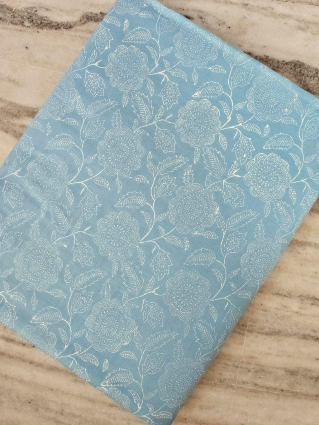 Blue Floral Cotton Fabric by the Yard, White Botanical Print Sky Blue Fabric, Quilting Fabric, Loose Running Fabric, Handmade Napkin Fabric