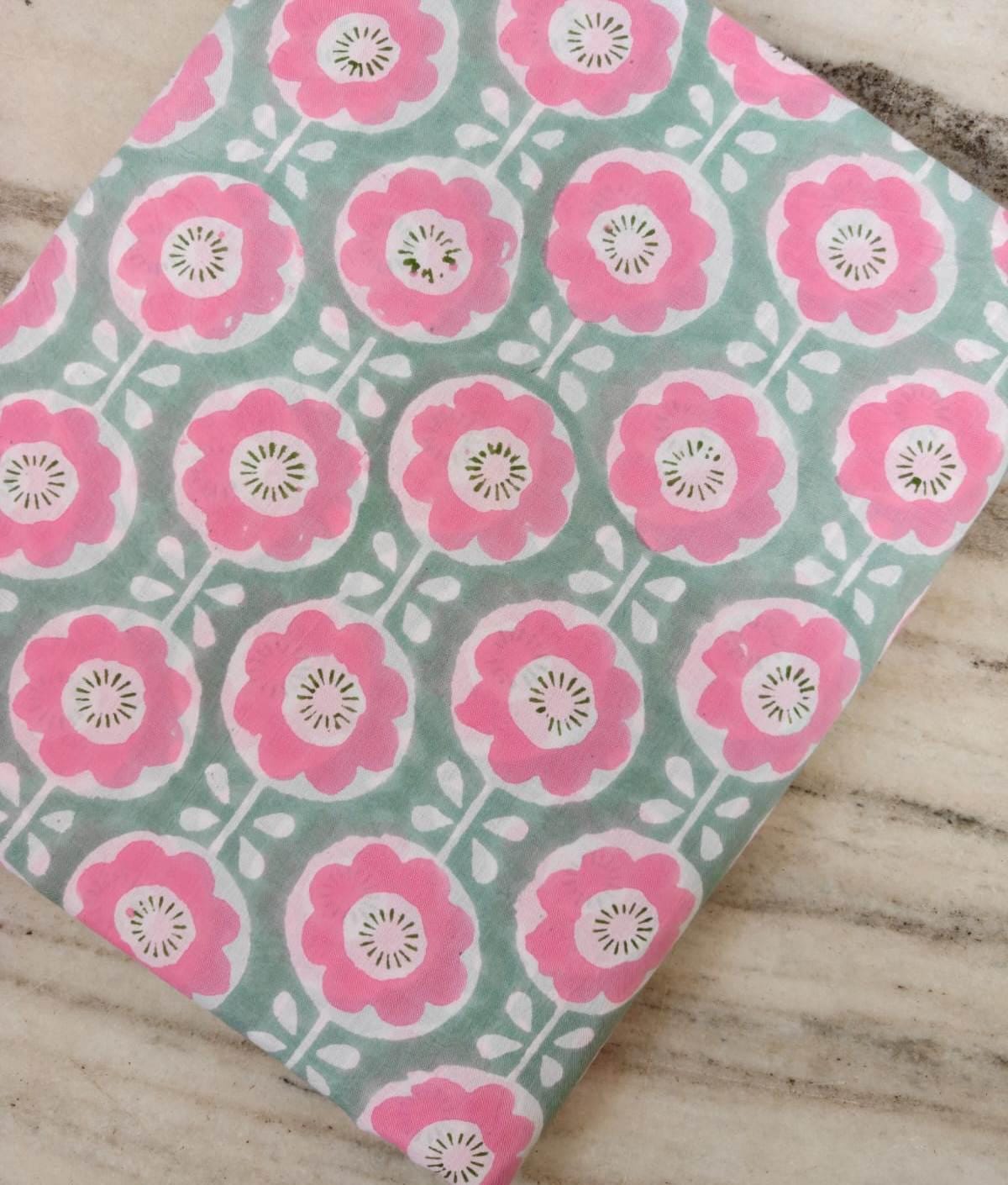 Pink Floral Cotton Fabric, Mint Green Flower Print Fabric, Block Print Fabric, Soft Cotton Fabric by Yard, Summer Dress Fabric, Home Decor