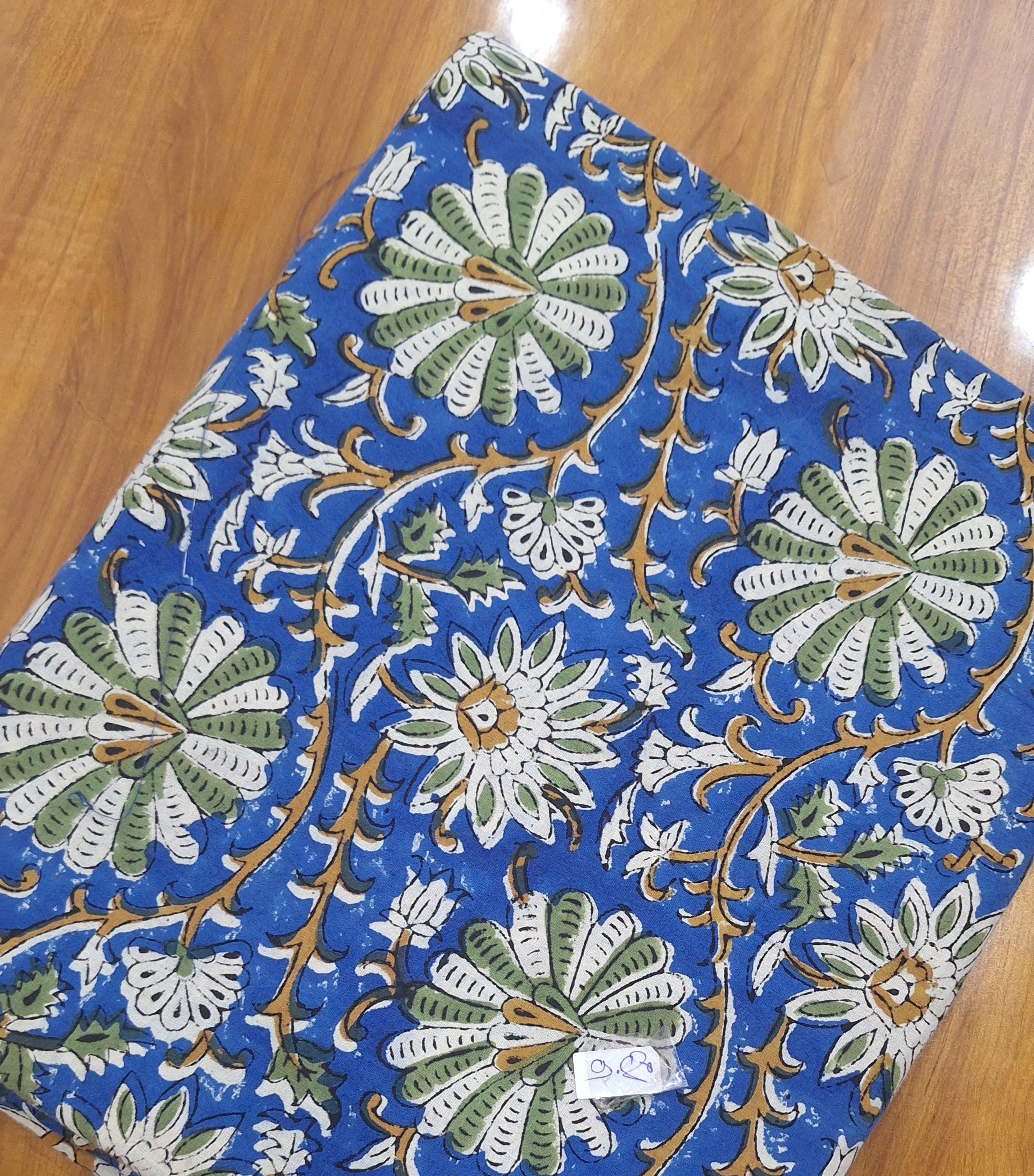 Blue Floral Cotton Fabric | Hand Block Print Style Fabric | Indian Floral Textile | Vintage Botanical Print | Dressmaking & Home Decor