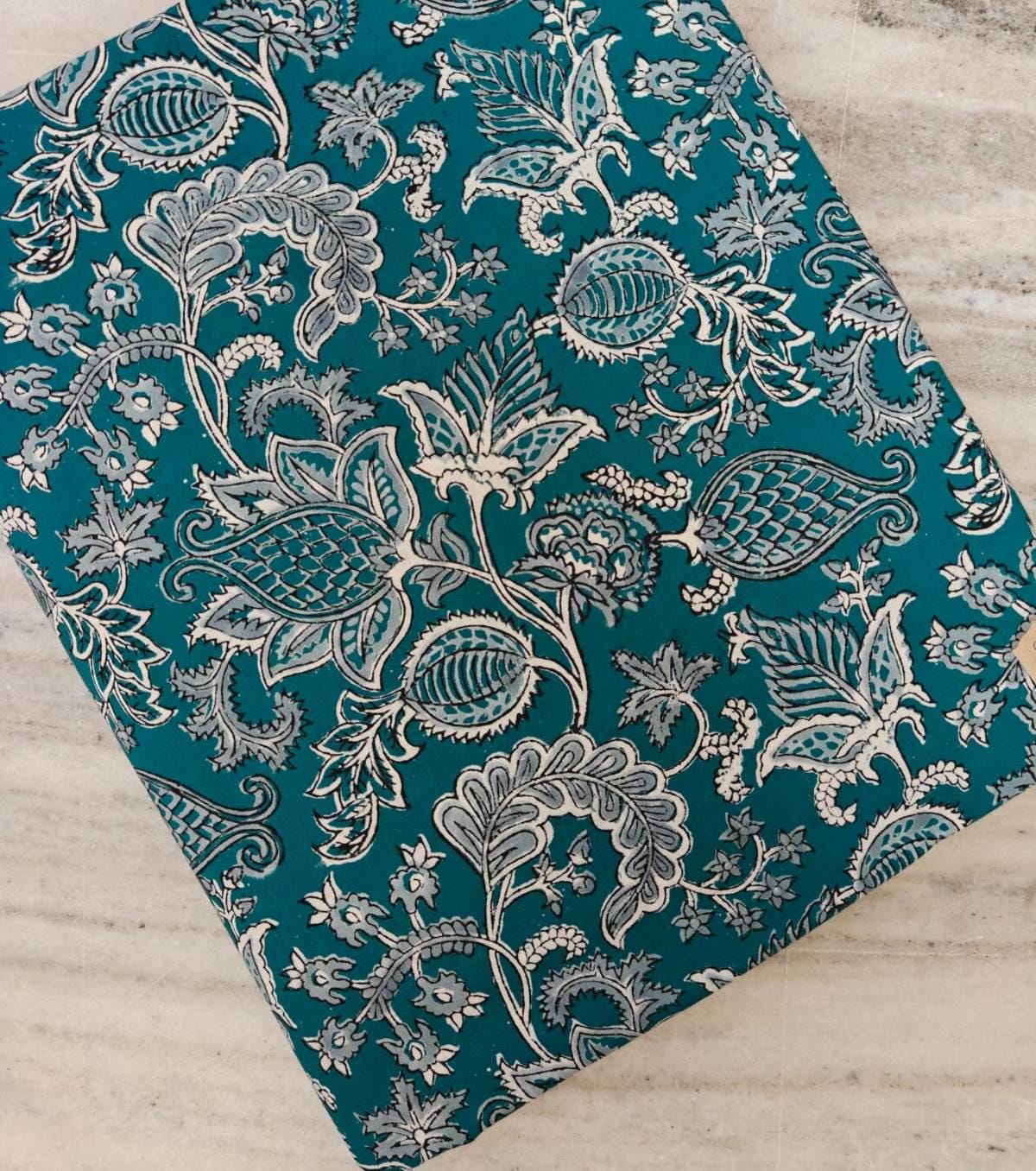 Teal Floral Cotton Fabric by the Yard, Vintage Block Print Style Fabric, Blue Green Botanical Print, Sewing Fabric, Indian Floral Textile