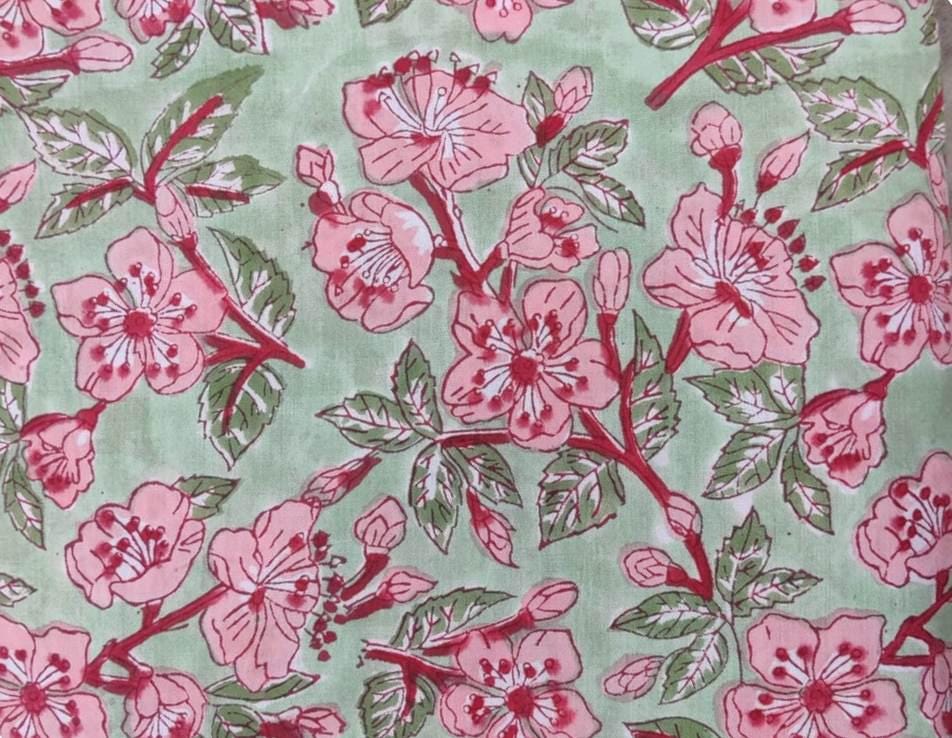 Green Floral Hand Block Print Cotton Fabric: Indian Quilting Textile