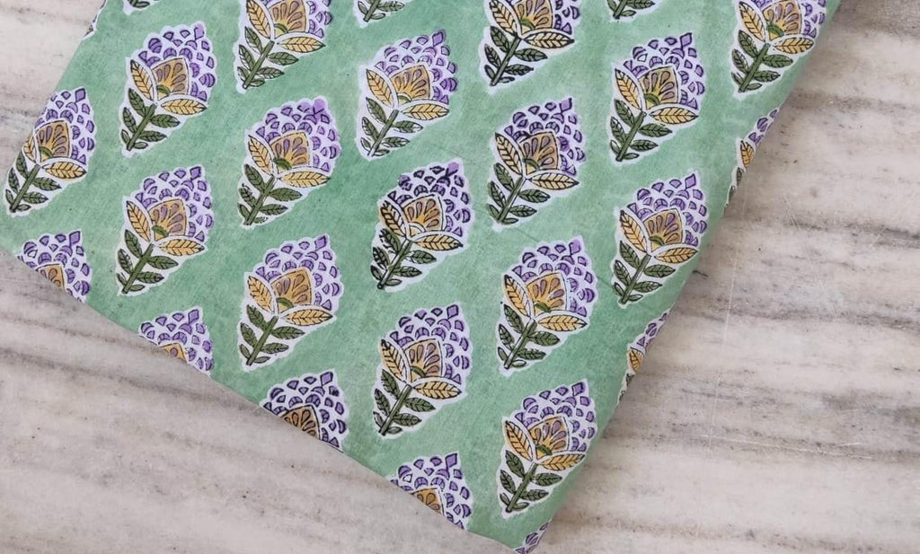 Green Cotton Fabric with Purple & Yellow Floral Print, Hand Block Print Fabric by the Yard, Soft Indian Cotton for Quilting, Dressmaking